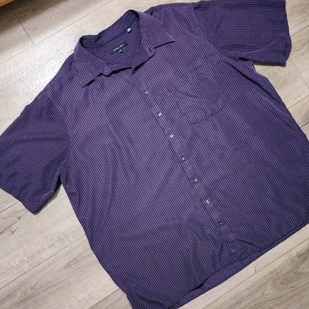 SYNRGY Mens 3XLT Purple Black Micro Check Short Sleeve Button Down Shirt